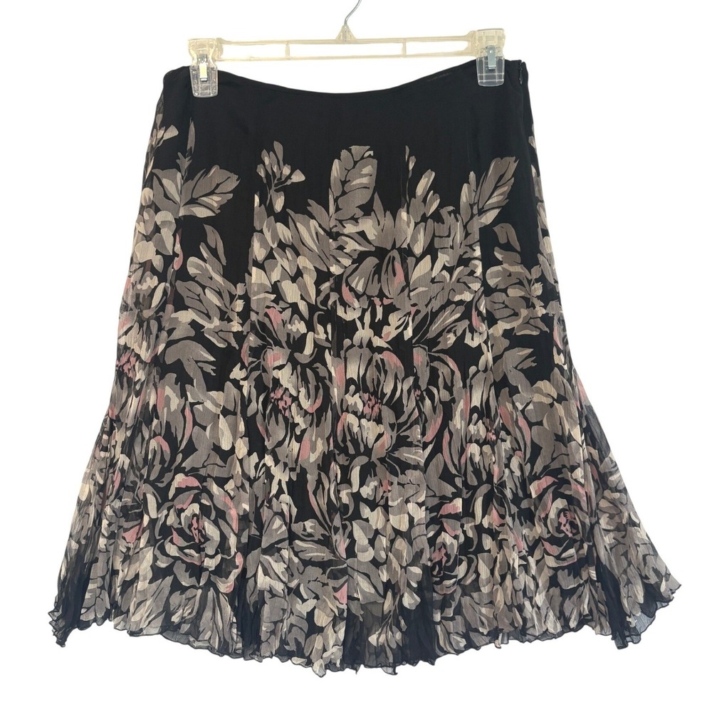 Karen Kane Silk Floral Midi Skirt Black Grey Pink A-Line 3L01116‎ Size 10